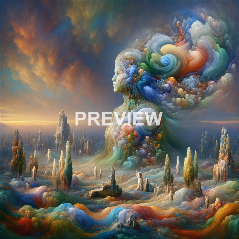 A surreal, dreamlike landscape featuring a large human face formed by swirling, colorful clouds, with a vast, fantastical terrain dotted with tall, thin structures and a vintage car, under a dramatic sky.